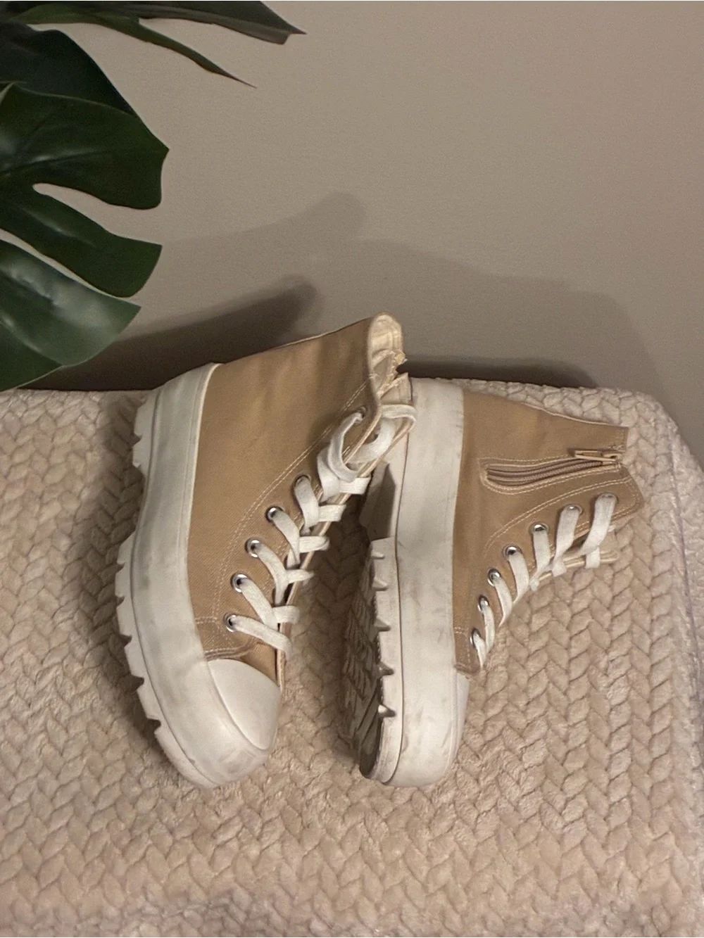 Sincerly Jules Beige High-Top Canvas Sneakers with White Soles
